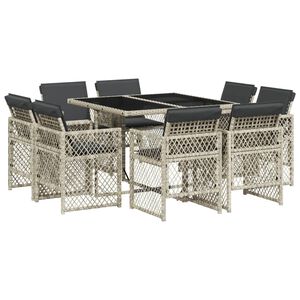 vidaXL Set comedor de jard&iacute;n 9 pzas cojines rat&aacute;n sint&eacute;tico gris claro