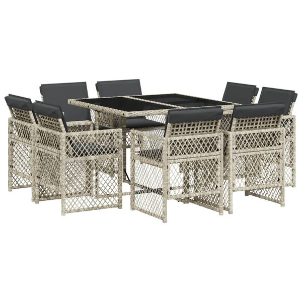 vidaXL Set comedor de jard&iacute;n 9 pzas cojines rat&aacute;n sint&eacute;tico gris claro