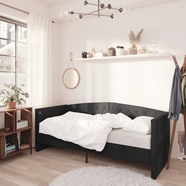 vidaXL Sof&aacute; cama con colch&oacute;n USB terciopelo negro 90x200 cm