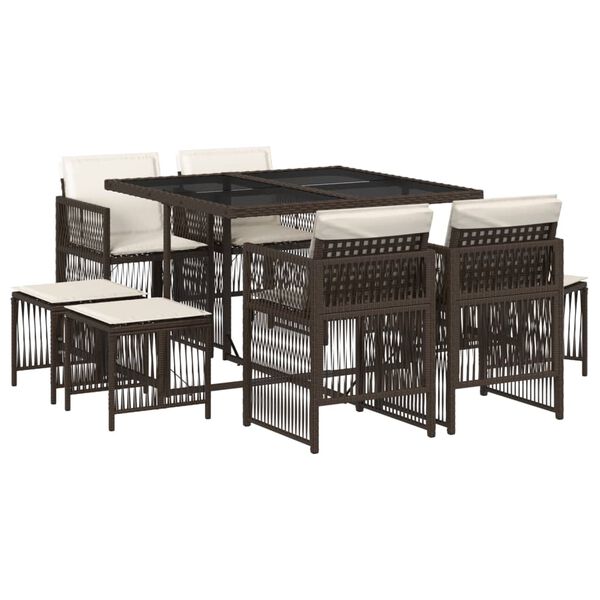 vidaXL Set comedor para jard&iacute;n 9 pzas y cojines rat&aacute;n sint&eacute;tico marr&oacute;n