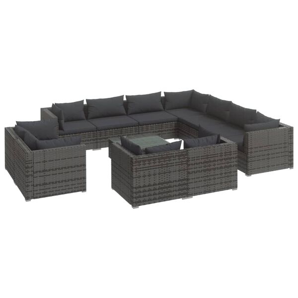 vidaXL Set de muebles de jardín 12 pzas y cojines ratán sintético gris