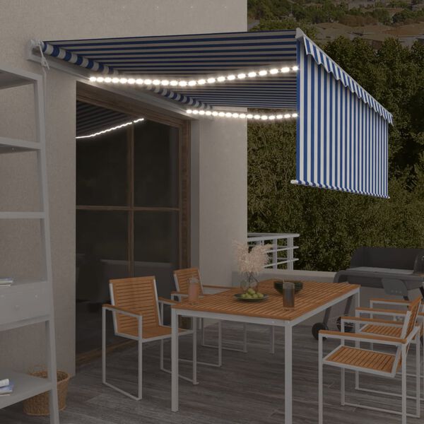 vidaXL Toldo autom&aacute;tico persiana LED sensor viento azul blanco 4,5x3 m