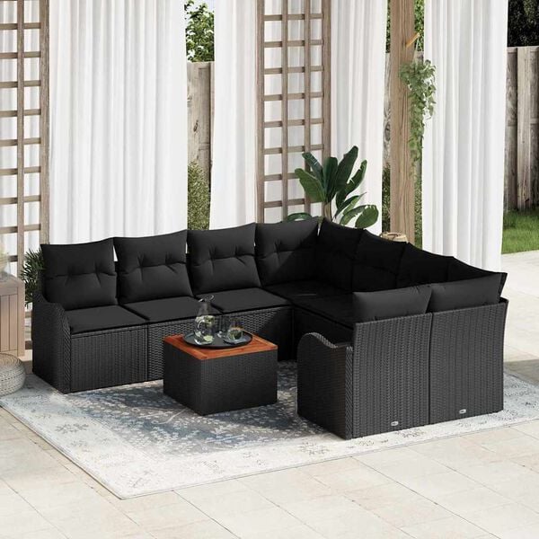 vidaXL Conjunto de sof&aacute;s de jard&iacute;n 9 pcs Negro rat&aacute;n sint&eacute;tico