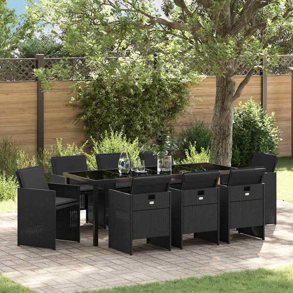 vidaXL Conjunto de Comedor de Jard&iacute;n 9 pcs Negro rat&aacute;n sint&eacute;tico