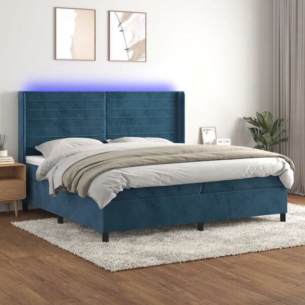 vidaXL Cama box spring colch&oacute;n y LED terciopelo azul oscuro 200x200 cm
