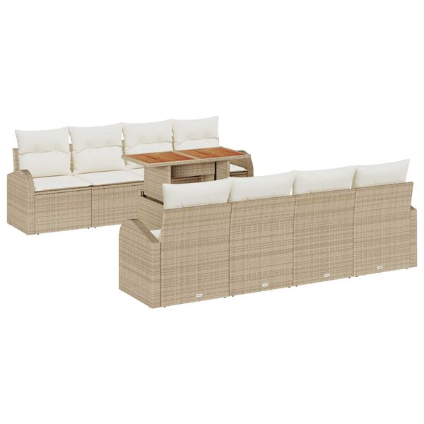 vidaXL Conjunto de sof&aacute; de jard&iacute;n 9 pcs Beige Polirat&aacute;n