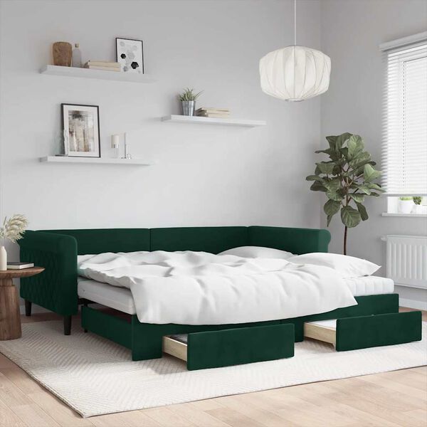 vidaXL Sof&aacute; cama nido con cajones terciopelo verde oscuro 100x200 cm