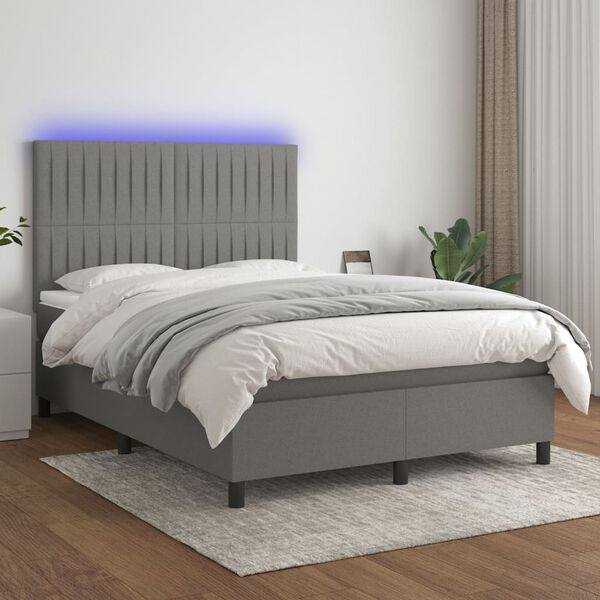 vidaXL Cama box spring colch&oacute;n y luces LED tela gris oscuro 140x200 cm
