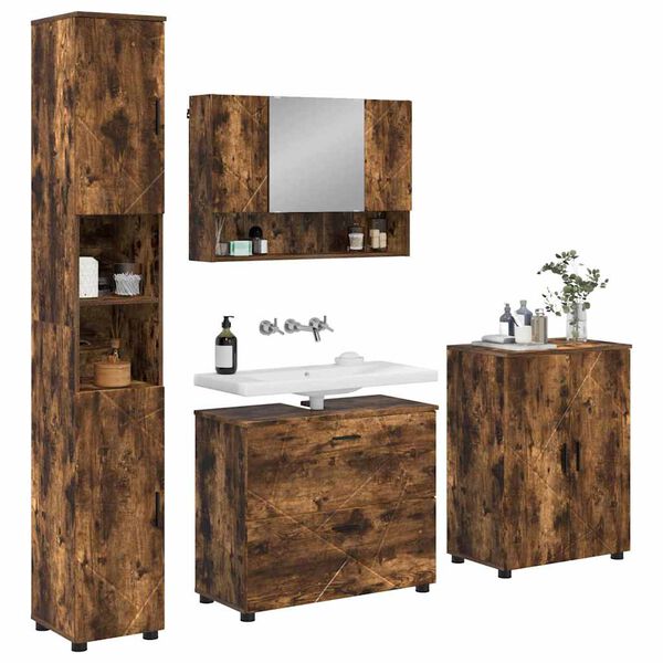 vidaXL Juego de muebles de ba&ntilde;o con caj&oacute;n 4 pcs Roble ahumado
