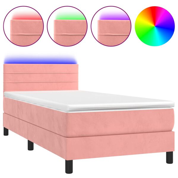 vidaXL Cama box spring colch&oacute;n y LED terciopelo rosa 90x190 cm
