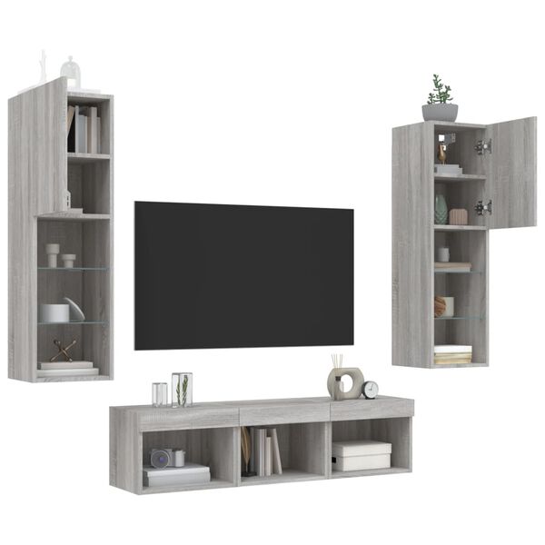 vidaXL Muebles TV pared con LED 5 pzas madera ingenier&iacute;a gris Sonoma