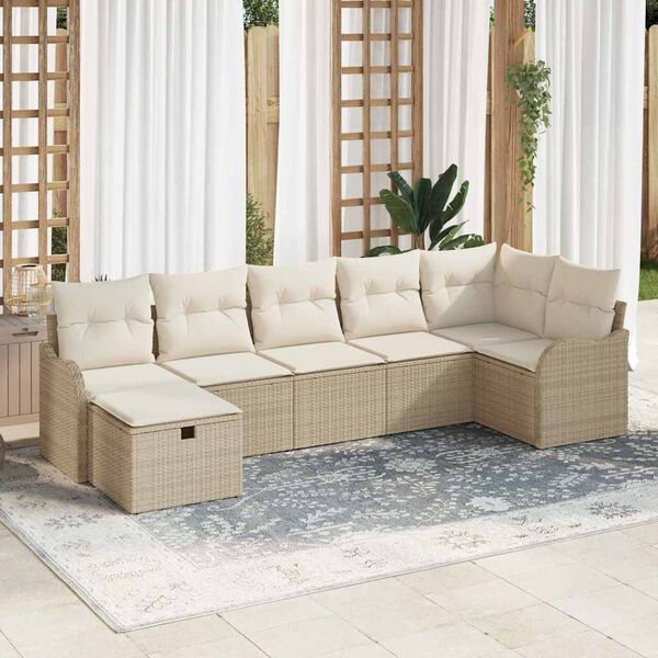 vidaXL Conjunto de sof&aacute; de jard&iacute;n con coj&iacute;n 7 pcs Beige Polirat&aacute;n