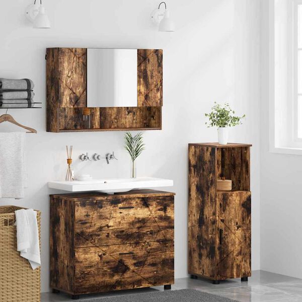 vidaXL Juego de muebles de ba&ntilde;o con caj&oacute;n 3 pcs Roble ahumado