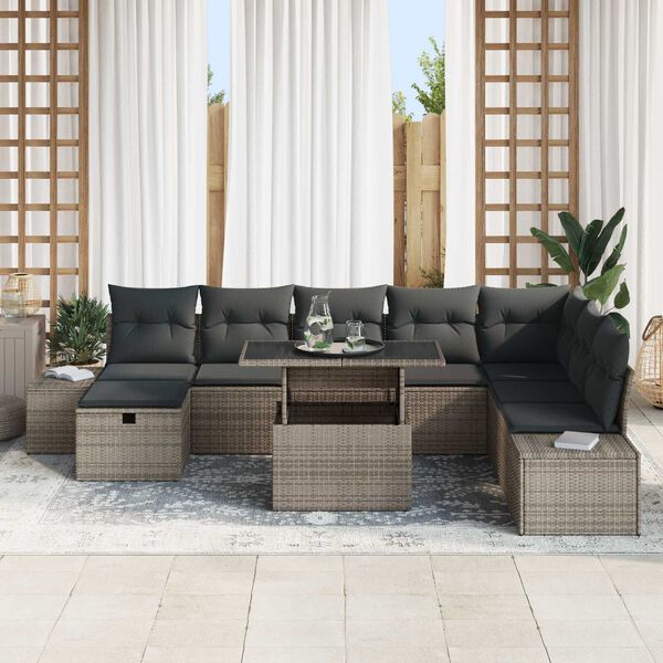 vidaXL Conjunto de sof&aacute; de jard&iacute;n 9 pcs Gris rat&aacute;n sint&eacute;tico