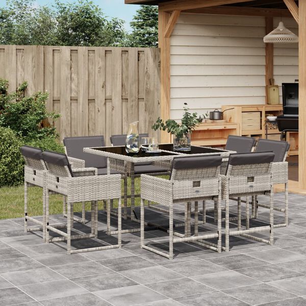 vidaXL Set comedor de jard&iacute;n 9 pzas cojines rat&aacute;n sint&eacute;tico gris claro