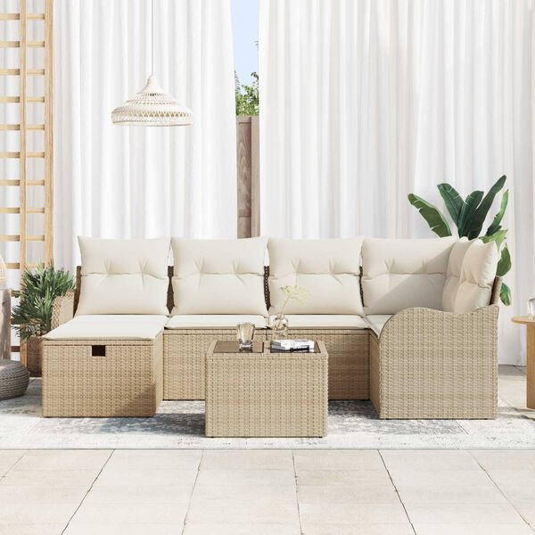 vidaXL Conjunto de sof&aacute; de jard&iacute;n Manual 7 pcs beige y crema Polirat&aacute;n