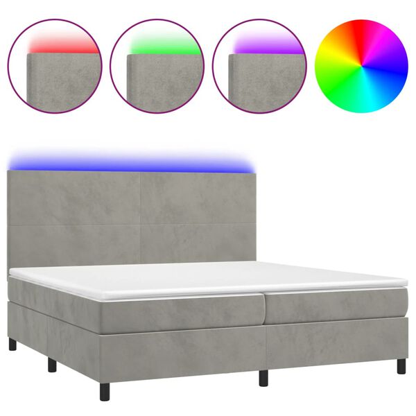 vidaXL Cama box spring colchón y LED terciopelo gris claro 200x200 cm
