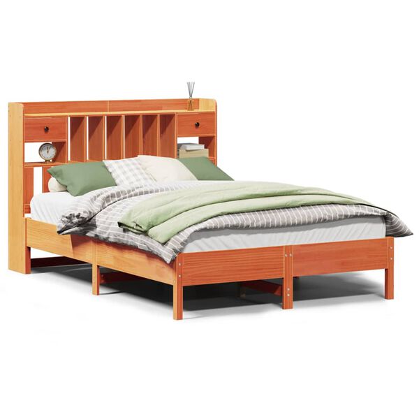 vidaXL Cama con estanter&iacute;a sin colch&oacute;n madera maciza marr&oacute;n 140x190 cm