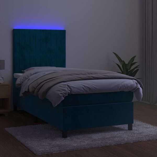 vidaXL Cama box spring colch&oacute;n y LED terciopelo azul oscuro 90x200 cm