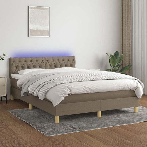 vidaXL Cama box spring colch&oacute;n y luces LED tela gris taupe 140x190 cm