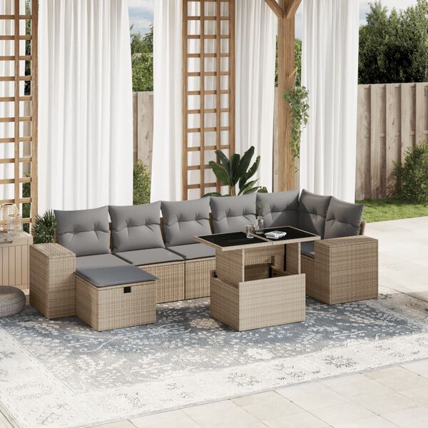 vidaXL Set de sof&aacute;s de jard&iacute;n y cojines 8 piezas rat&aacute;n sint&eacute;tico beige