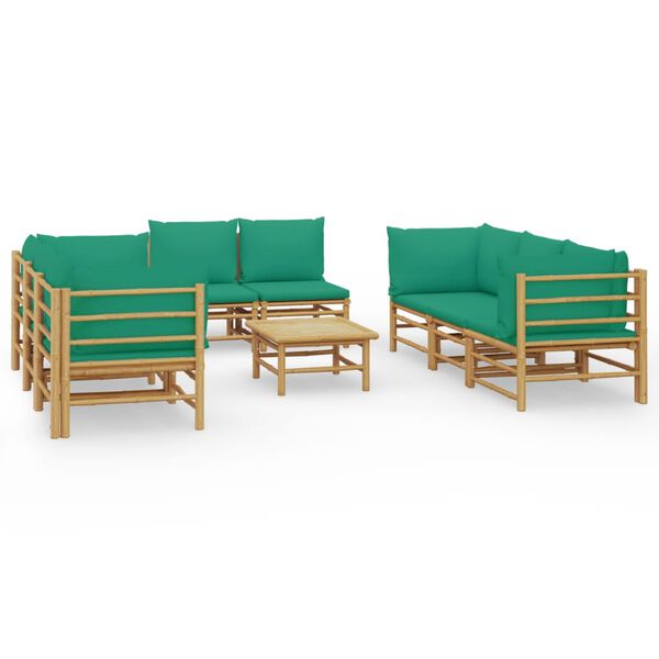 vidaXL Set de muebles de jard&iacute;n 9 piezas bamb&uacute; con cojines verde