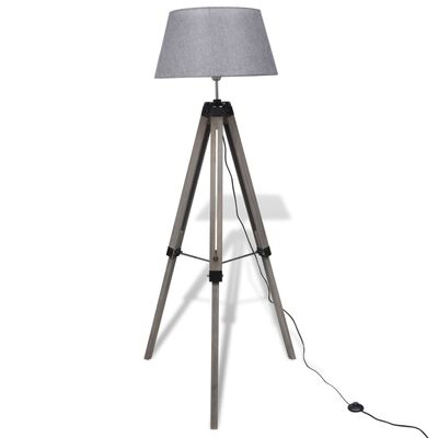 Lámpara de pie ajustable de madera tipo trípode con pantalla gris
