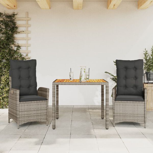 vidaXL Set comedor de jard&iacute;n 3 piezas con cojines rat&aacute;n sint&eacute;tico gris