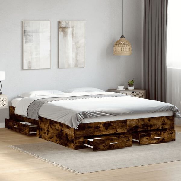 vidaXL Cama con cajones madera de ingenier&iacute;a roble ahumado 140x200 cm