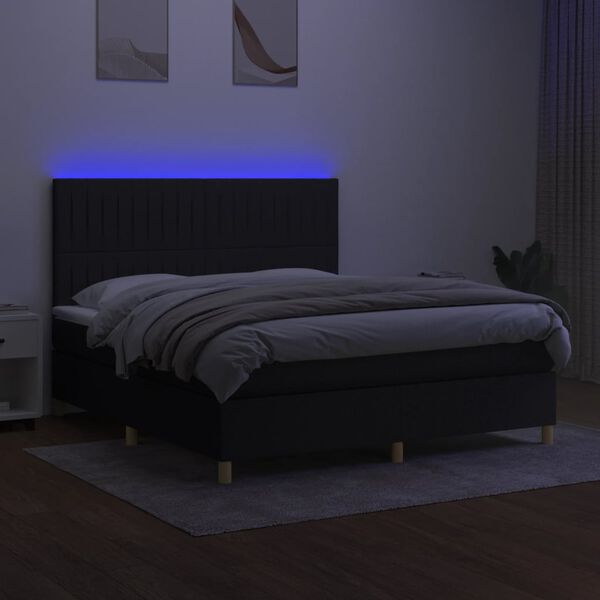 vidaXL Cama box spring colch&oacute;n y luces LED tela negro 180x200 cm