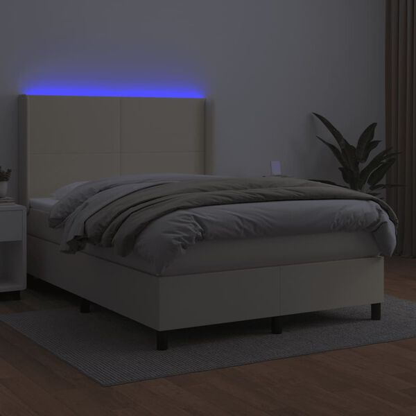vidaXL Cama box spring colch&oacute;n y LED cuero sint&eacute;tico crema 140x200 cm