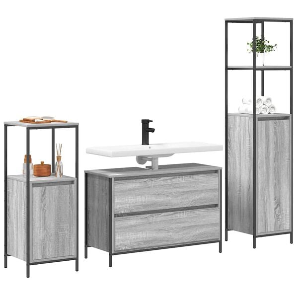 vidaXL Juego de muebles de ba&ntilde;o 3 pcs Gris Sonoma Madera de ingenier&iacute;a