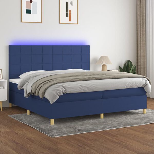 vidaXL Cama box spring colch&oacute;n y luces LED tela azul 200x200 cm