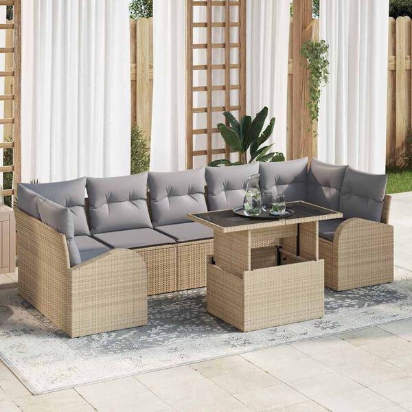 vidaXL Conjunto de sof&aacute; de jard&iacute;n 8 pcs Beige Rattan de Poli&eacute;ster