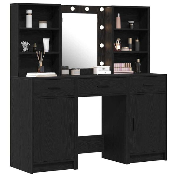 vidaXL Conjunto de mesa de vestidor con LED 3 pcs Roble Negro