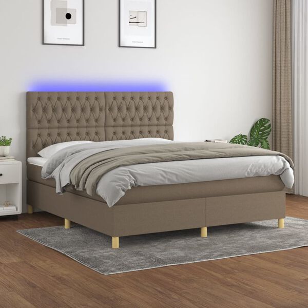 vidaXL Cama box spring colch&oacute;n y luces LED tela gris taupe 180x200 cm