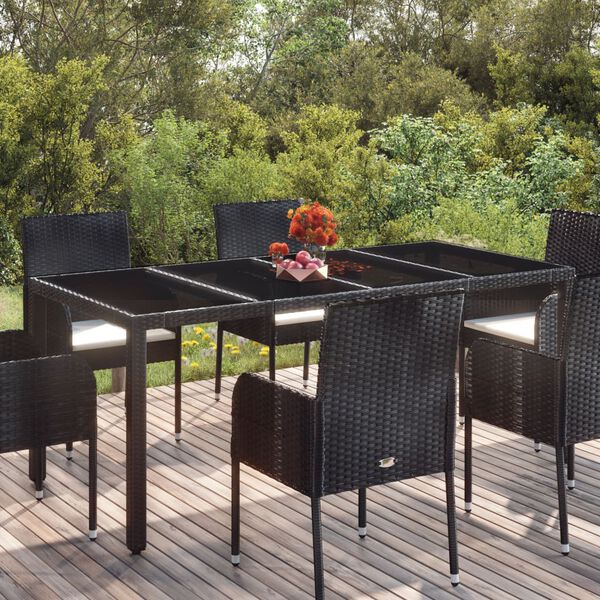vidaXL Mesa de jardín superficie de vidrio ratán PE negro 190x90x75 cm