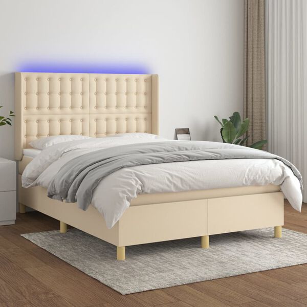 vidaXL Cama box spring colch&oacute;n y luces LED tela crema 140x190 cm