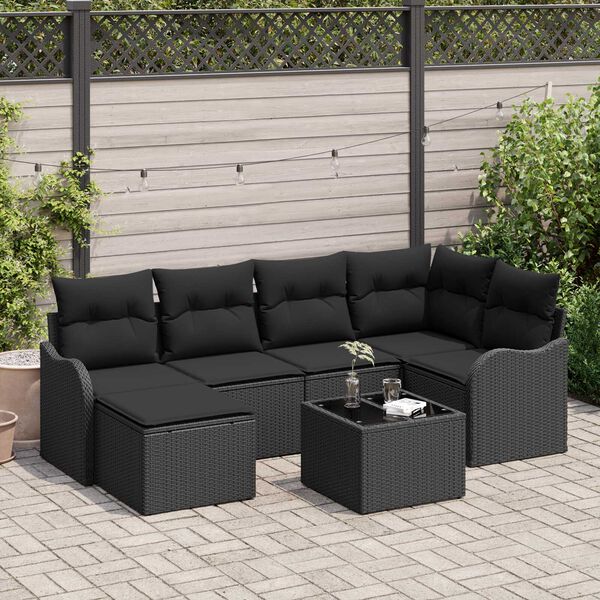vidaXL Conjunto de sofá de jardín con cojín 7 pcs Negro Poliratán