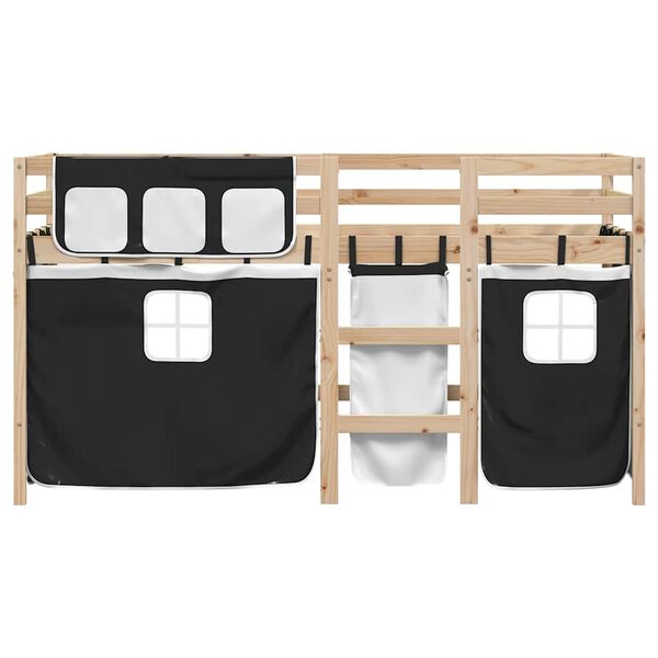 vidaXL Cama alta ni&ntilde;os con cortinas madera pino blanco negro 80x200 cm