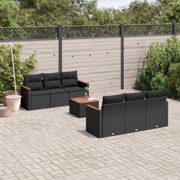 vidaXL Set de comedor de jard&iacute;n 7 pzas y cojines rat&aacute;n sint&eacute;tico negro