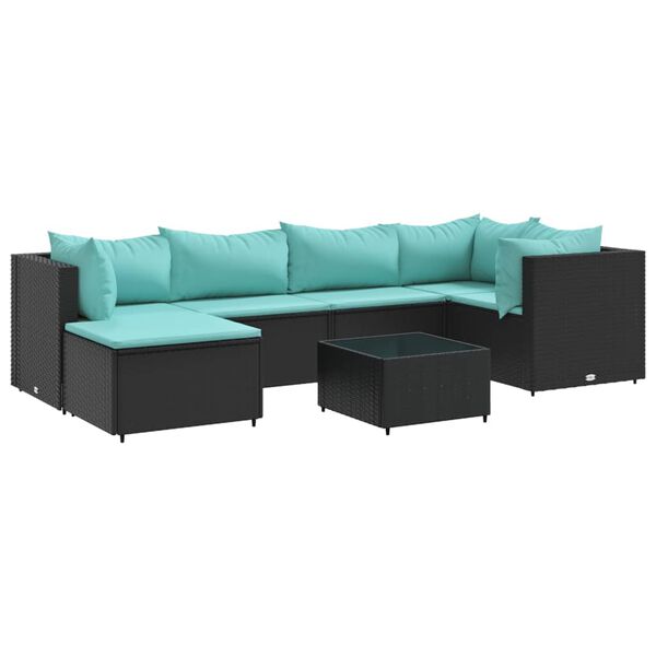vidaXL Set de muebles de jard&iacute;n y cojines 7 pzas rat&aacute;n sint&eacute;tico negro