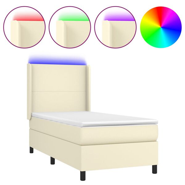 vidaXL Cama box spring y colch&oacute;n LED cuero sint&eacute;tico crema 90x200 cm
