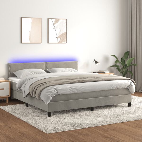 vidaXL Cama box spring colch&oacute;n y LED terciopelo gris claro 180x200 cm
