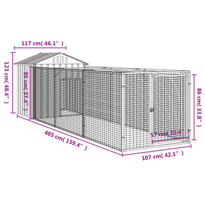 vidaXL Caseta perros tejado acero galvanizado gris claro 117x405x123cm