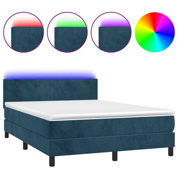 vidaXL Cama box spring colch&oacute;n y LED terciopelo azul oscuro 140x190 cm