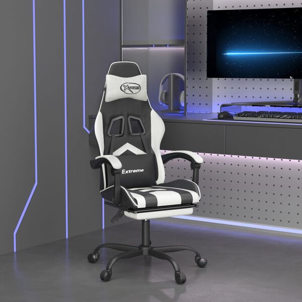 vidaXL Silla gaming giratoria reposapi&eacute;s cuero sint&eacute;tico negro blanco