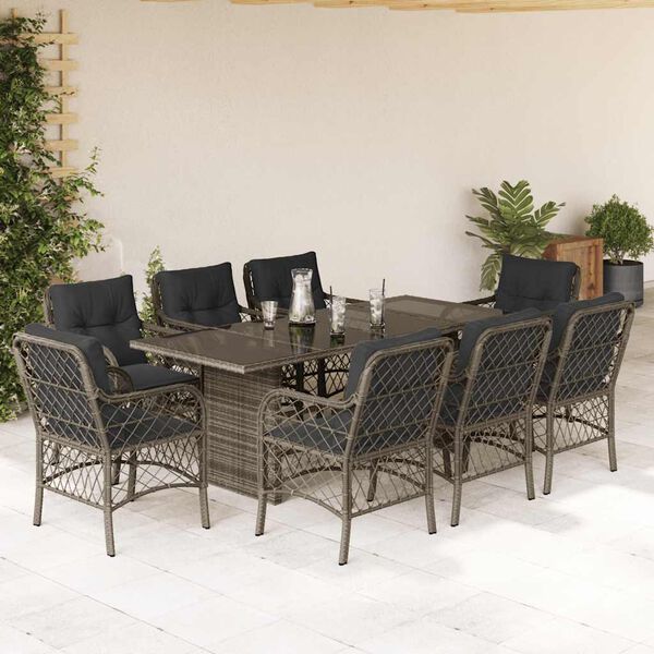 vidaXL Set comedor jard&iacute;n 9 pzas y cojines rat&aacute;n sint&eacute;tico gris