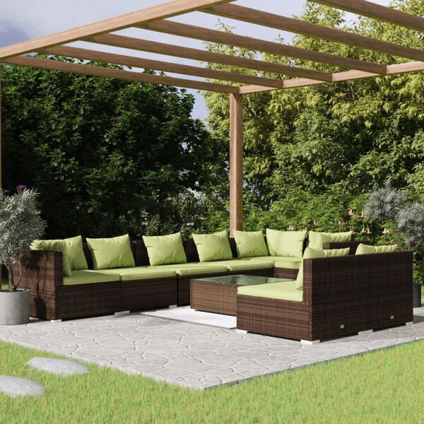 vidaXL Set muebles de jard&iacute;n 9 piezas y cojines rat&aacute;n sint&eacute;tico marr&oacute;n
