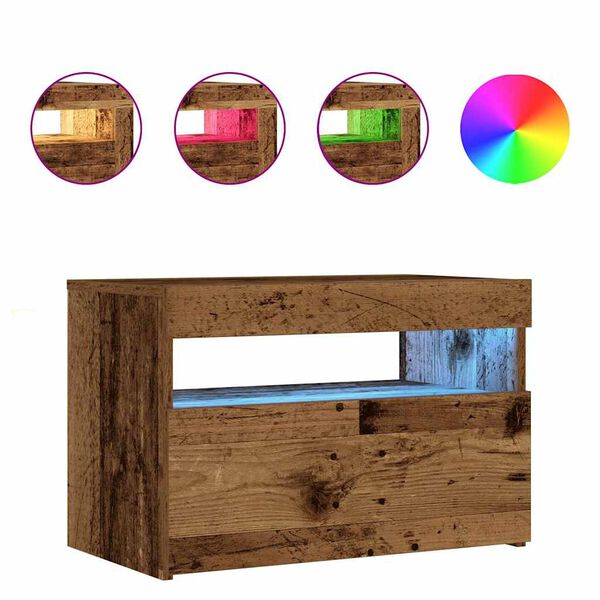 vidaXL Mesilla de noche con luces LED madera vieja 60x35x40 cm